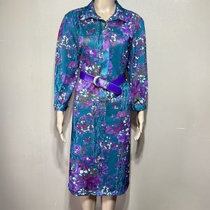 Vtg 70s 80s purple & teal flower power handcrafted midi dress modern size L XL